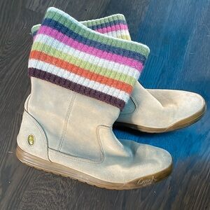 Coach Beige Suede Ankle Boots with Multicolor Striped Knit Cuffs